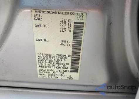 2016 Nissan Altima 2.5 Sv z USA, uszkodzony, nr VIN 1N4AL3AP7GC142689